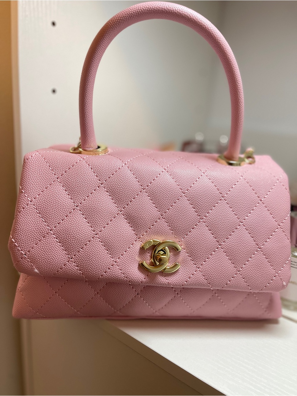 Pink Quilted Top Handle Bag
